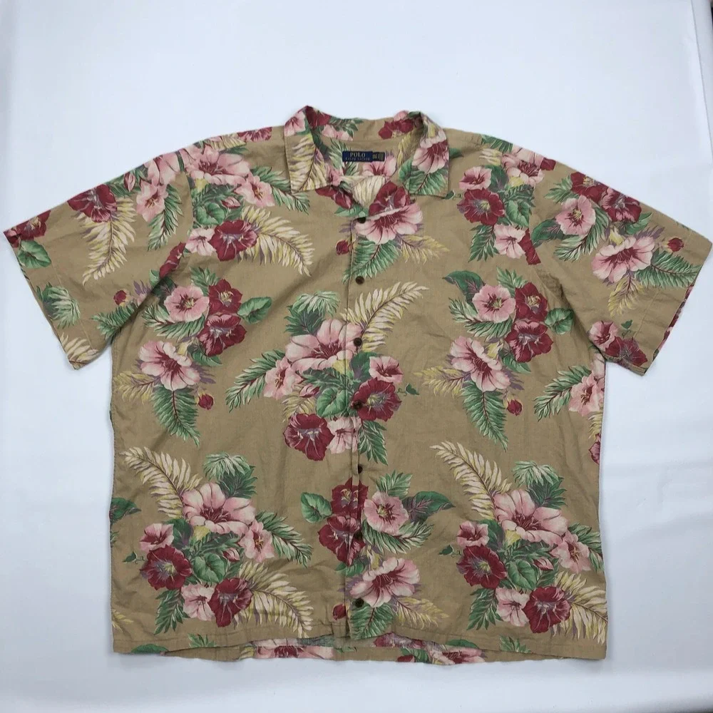 Polo Ralph Lauren Mens 4XLT Floral Hibiscus Linen Cotton Camp Shirt Tan Pink